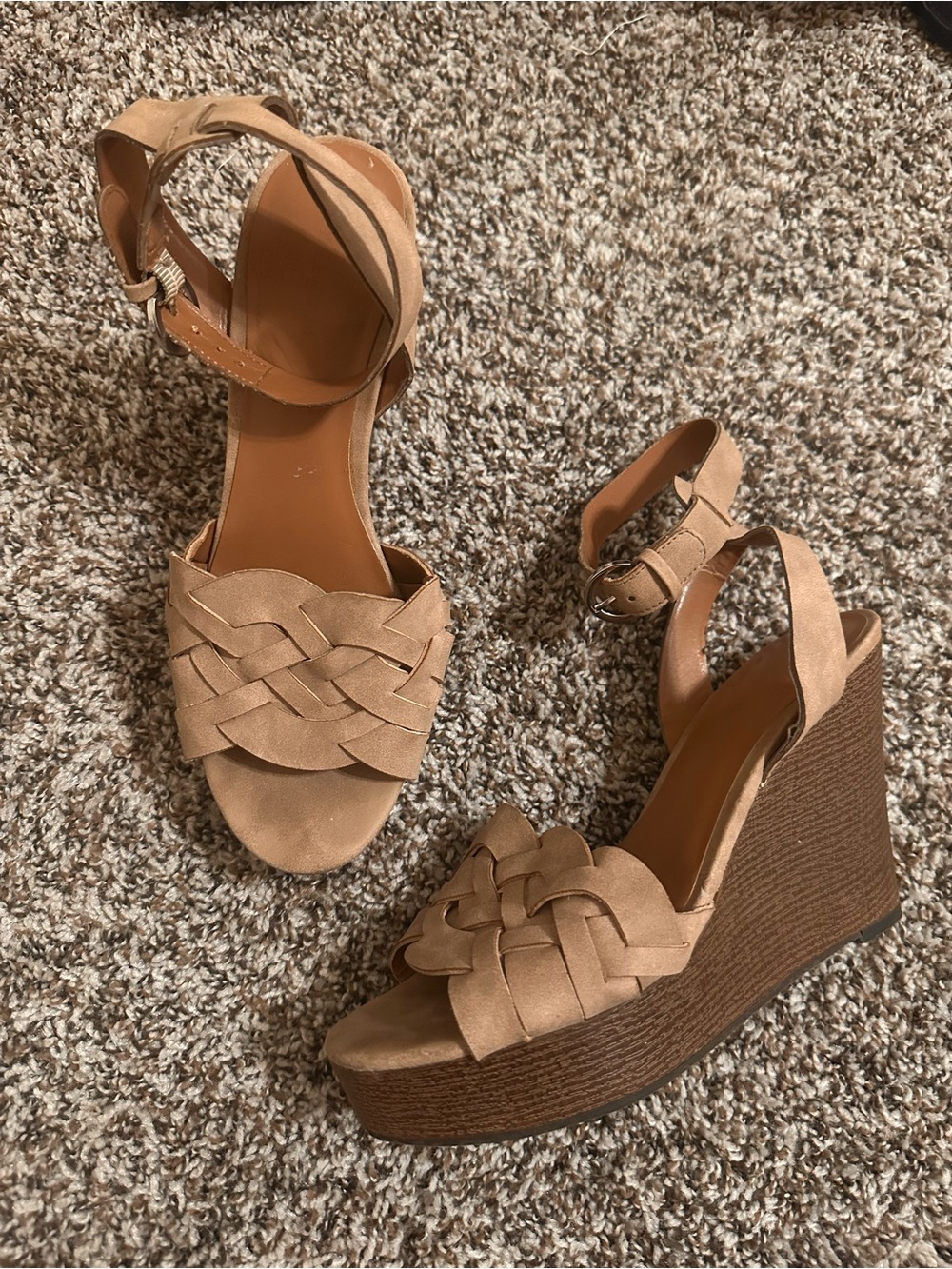 Indigo Braided Tan Ankle-Strap Wedge Sandals